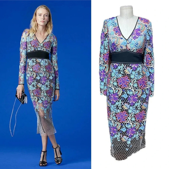 Diane von Furstenberg Long-Sleeve Banded‎ Overlay Lace Midi-Length Dress Size 0 - Picture 1 of 15